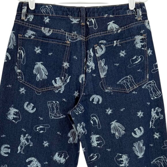 Cali 1850 Women's Wide Leg Mid Rise Western Print Blue Denim Jeans Size 9/29 NWT - Picture 4 of 10